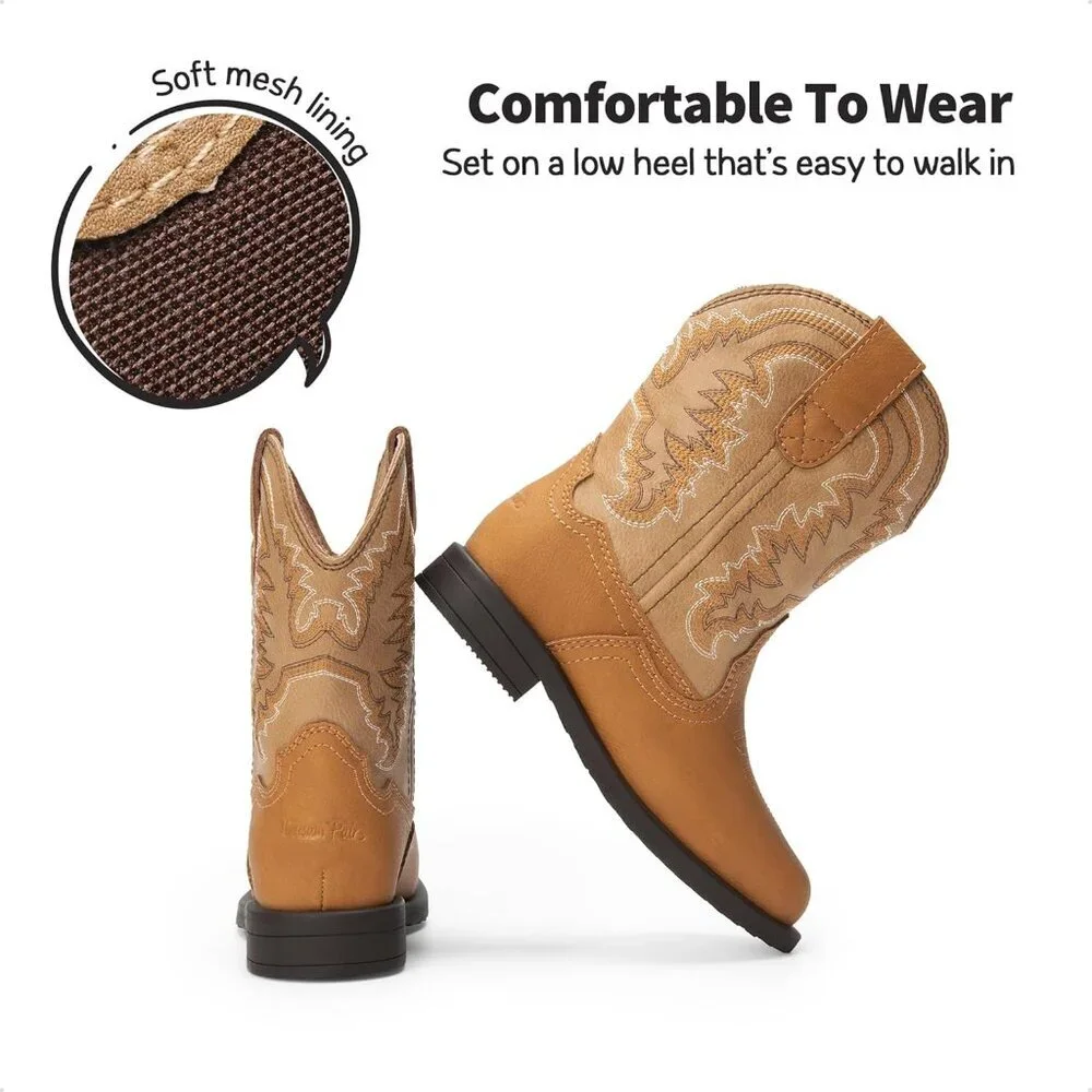 ⚡Girls Light Brown Toddler Cowgirl Boot Western Square Toe Riding Mid Calf Boots
